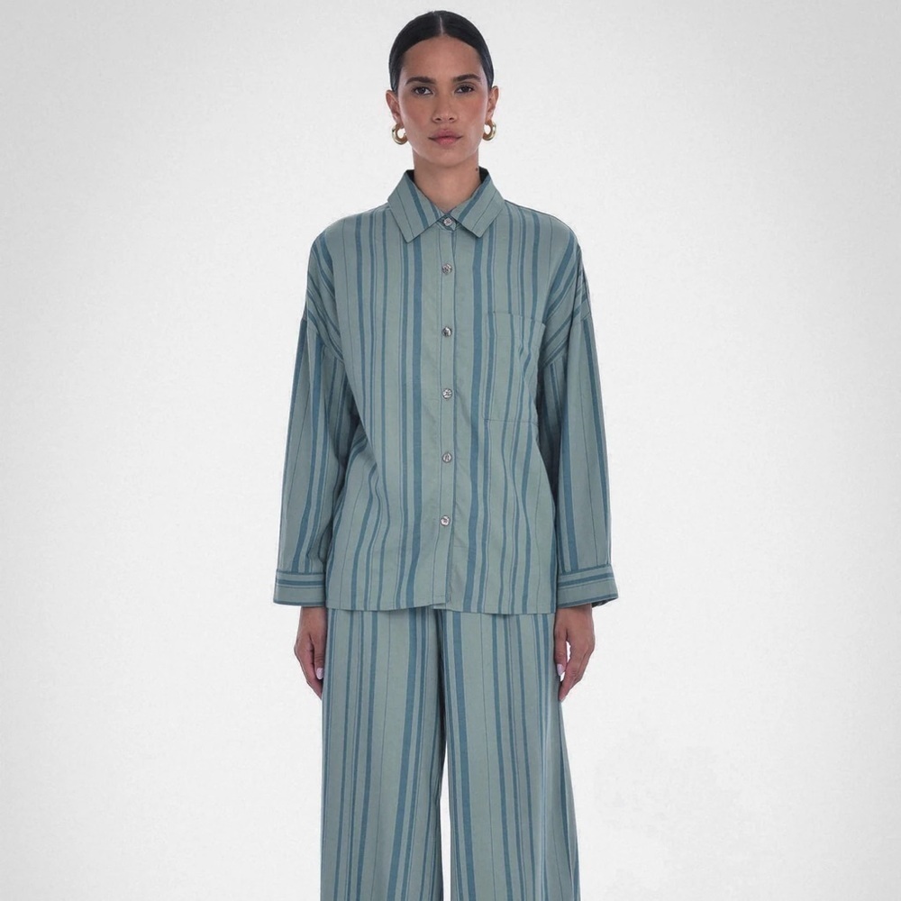 Paper Label Button Front Lounge Shirt Sage Blue Stripe Size M